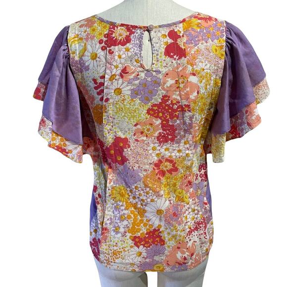 Vintage 60s 70s Floral Angel Wing Top Lavender Orange Size Small - Picture 3 of 6
